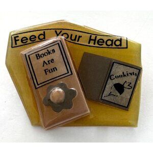 Feed Your Head Book Pin Brooch By Lucinda Vintage Faux Pearl Flower